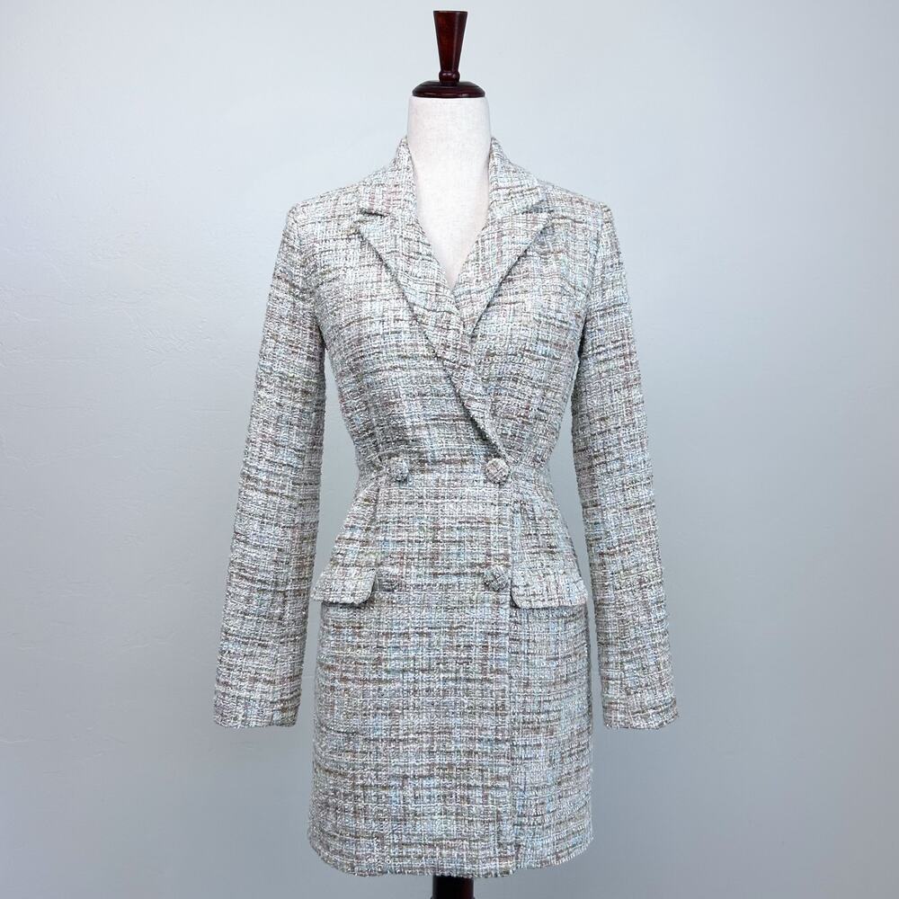 Jason Wu Boucle Tweed Pastel Gold Metallic Long Double-Breasted Blazer Jacket XS